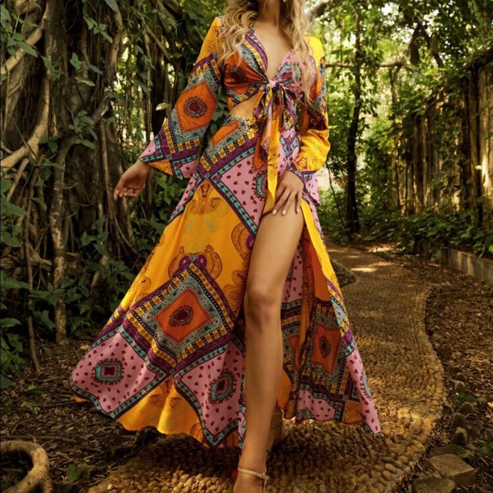 Boho Festival Floral Print Crop Top Blouse Slit Maxi Skirt Set vibrant Orange - Picture 1 of 10